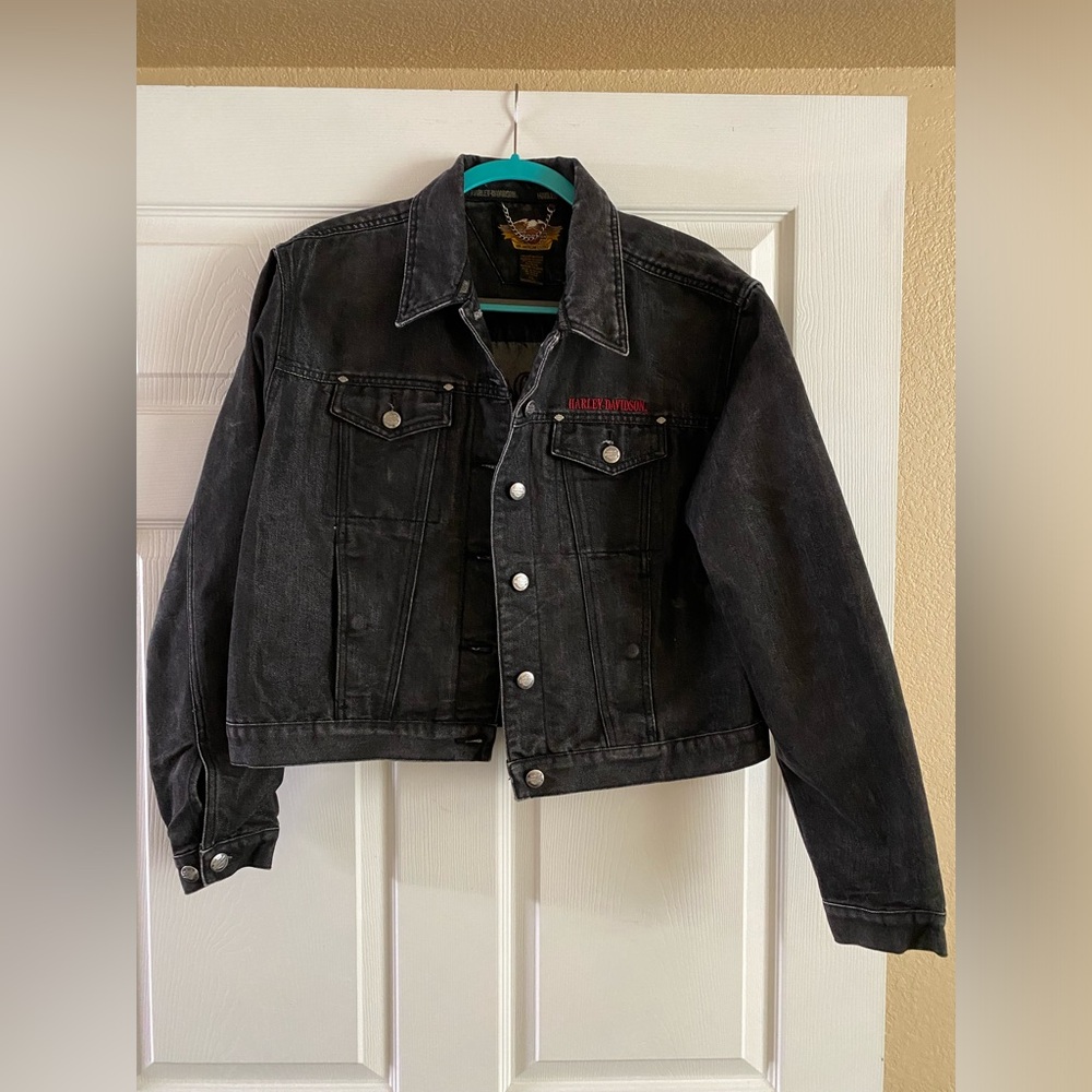 Harley-Davidson black denim jacket with fire embroidery size XL good condition